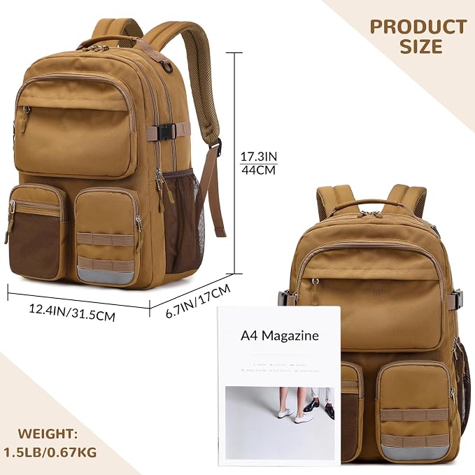 Lohol Water Resistant Backpack with Multifunctional Pockets for Teens, Durable Bookbag fits 15.6 inch Laptop for School Travel College, 25L (Brown)