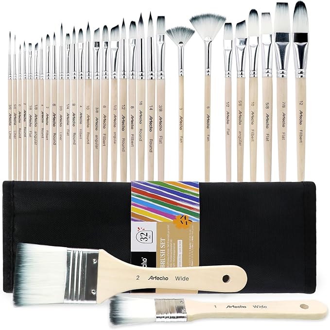 32 Pcs Acrylic Paint Brushes Set, Artist Painting Supplies Kit with Case - Professional Painting Tools for Oil Watercolor Gouache Canvas Rock - Art Essentials for Adults Teens Kids