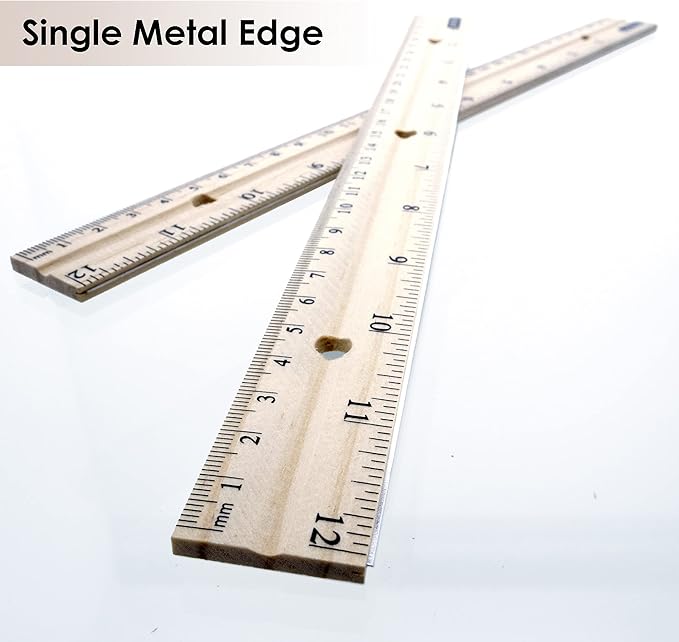 BAZIC Products Wooden Ruler – Single Metal Edge Drafting Ruler for Measuring, Drawing & Crafting, Wooden Straight Edge Ruler for School & Office, 12 Inch, 3/Pack, 24-Packs