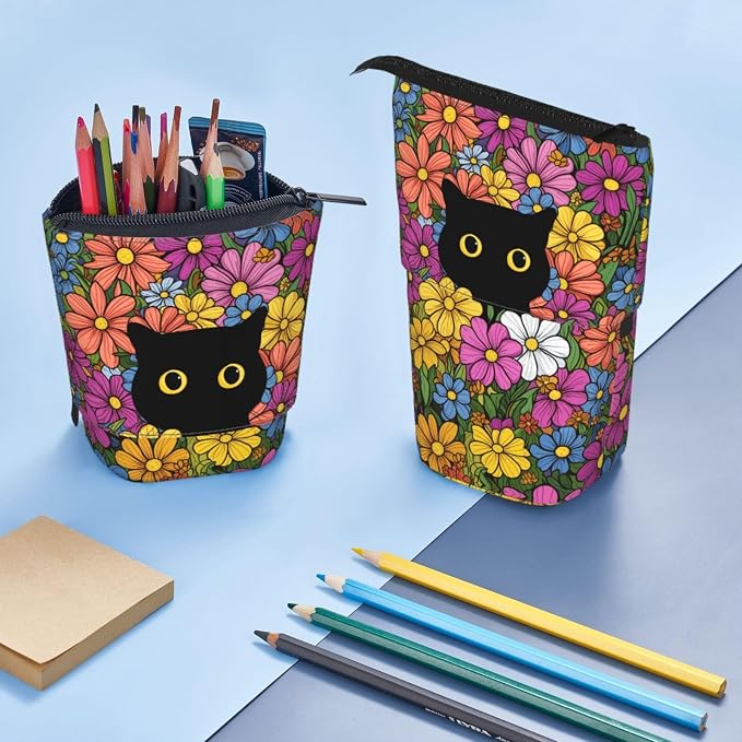 Black Cat Flower Girls Boys Standing Pencil Case Kids Kids Telescopic Stationary Pouch with Zipper Large Capacity Stand up Pen Bag Portable Makeup Holder for Children School Students Office Supplies