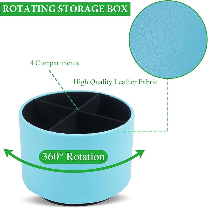Round Leather Art Supply Organizer,Remote Control Holder,360 Degree Spinning,Multi-Functional Pencil Holder,4 Compartments Desktop Stationary Organizer(1-Sheep Blue)