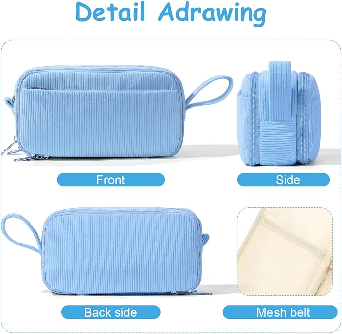 BuyCard Blue Large Capacity Corduroy Pencil Case, Casual Style, Zipper Pouch Organizer for Teen Girls, Boys, Women and Men