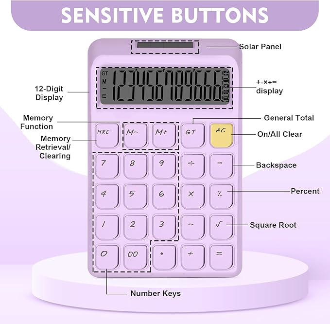 Cute Calculator, Calculators Desktop, Purple Calculator Big Buttons, Solar and Battery Dual Power, 12-Digits Large LCD Display, Desk Calculators for Office Home School Basic Business (Purple)