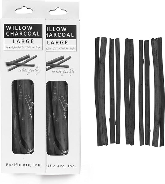 Pacific Arc 2 Pack Large Vine Charcoal Stick 5/Pkg, Soft, Black, Thick Willow Charcoal for Sketching and Drawing