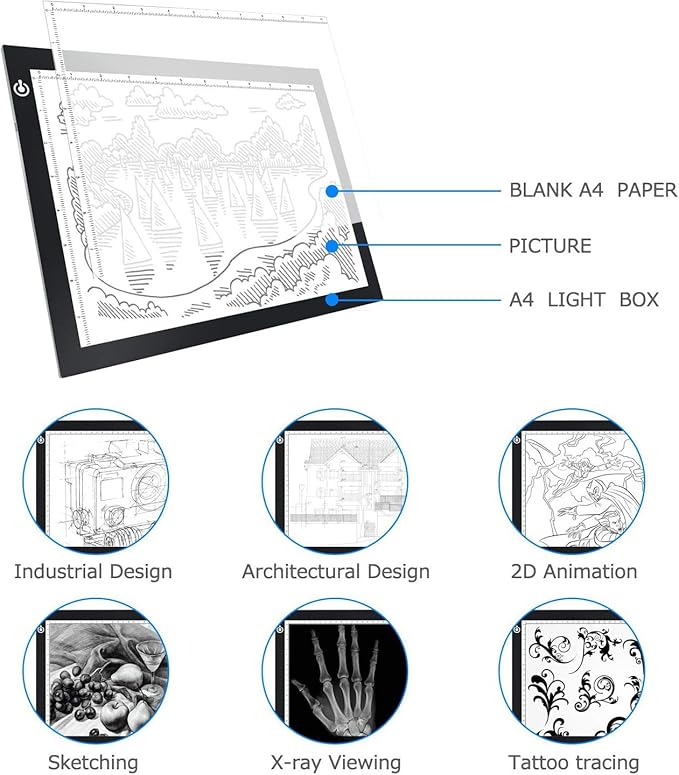 Black A4 Dimmable LED Artcraft Light Box Tracer Slim Light Pad Portable Tablet, USB Power Cable Copy Drawing Board Tracing Table for Artists Designing, Animation, Sketching, Stenciling X-ray Viewing