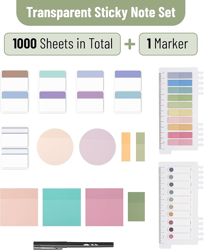 Mr. Pen- Transparent Sticky Notes Set, 1000 Sheets, Transparent Sticky Notes Tabs with Marker Pen for Bible Study, Office, School, Planning, Journaling & Organization