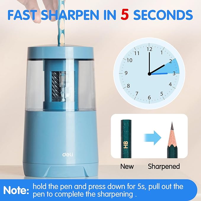 Deli Electric Pencil Sharpener, Automatic Pencil Sharpeners for No.2 Pencils Colored Pencils, Auto Stop, USB & Battery Operated for Students, Classroom, Home and Office, Blue