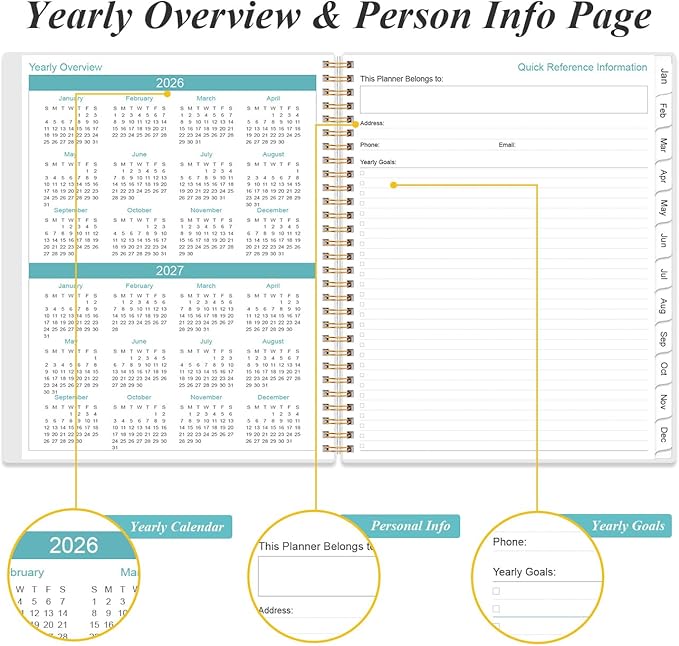 2026-2027 Planner - Weekly Monthly Planner 2026-2027 from July 2026 to June 2027 with 12 Monthly Tabs, Flexible Cover, Inner Pocket, 8.5" x 11", Blue Leaf Flower