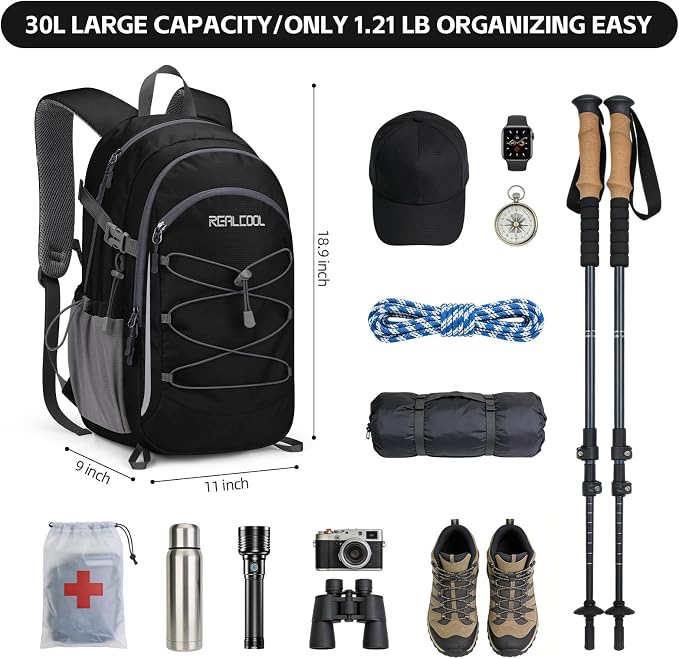 RealCool 30L Lightweight Hiking Backpack, Waterproof Daypack for Camping | 210D tear-resistant nylon, breathable shoulder and back panel, Multi-Compartment,hydration system,reflective strip,bungee net