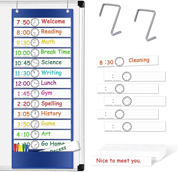Daily Schedule Pocket Chart, 13+1 Pockets Visual Schedule for Kids, 18 Reusable Dry Eraser Cards 2 Over The Door Hooks, Daily Schedule for Kids, Classroom, School, Office or Home (BLUE)