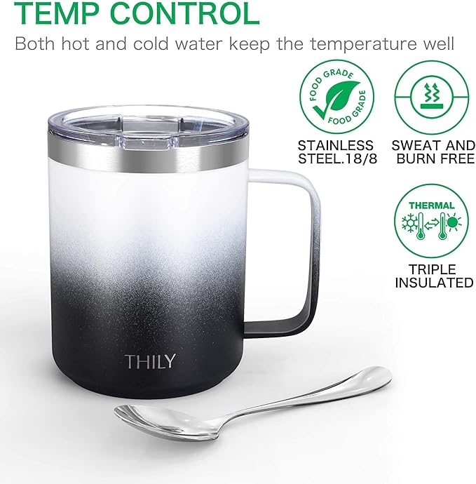 THILY Stainless Steel Insulated Travel Mug 12 oz Vacuum Insulated Coffee Cup with Handle, Spill-proof Lid, Keep Coffee Cold or Hot, Black & White