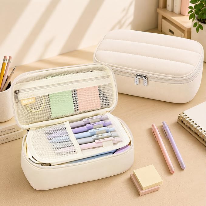 Sooez Cute Pencil Case, Soft Puffers Pencil Pouch, Large Pen Pencil Bag | Zipper Pen Case, Aesthetic Pen Pouch, Colored Stationery Storage & Organizer, School Supplies for Teen Girl Students, Blue