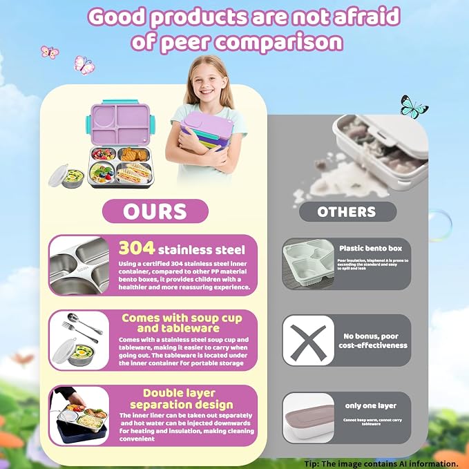 Kids Stainless Steel Lunch Box,304 Stainless Toddler Leak-Resistant Insulated Metal Bento Box,Suitable Schools,Office,Use Comes With An Independent Soup Cup,Tableware,4 Compartments (Purple) ﻿