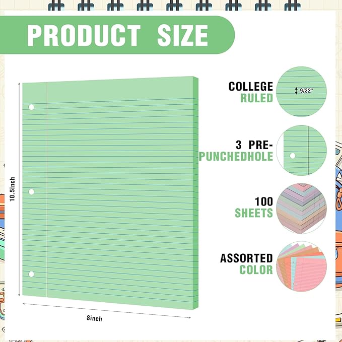 PerKoop 12 Pack 600 Sheets Colored Lined Paper Bulk College Ruled 8 x 10.5 Inches, Loose Leaf Notebook Paper 3 Hole Ring Punched Filler Back School Supplies, Line Spacing 0.7cm (Sweet Color)