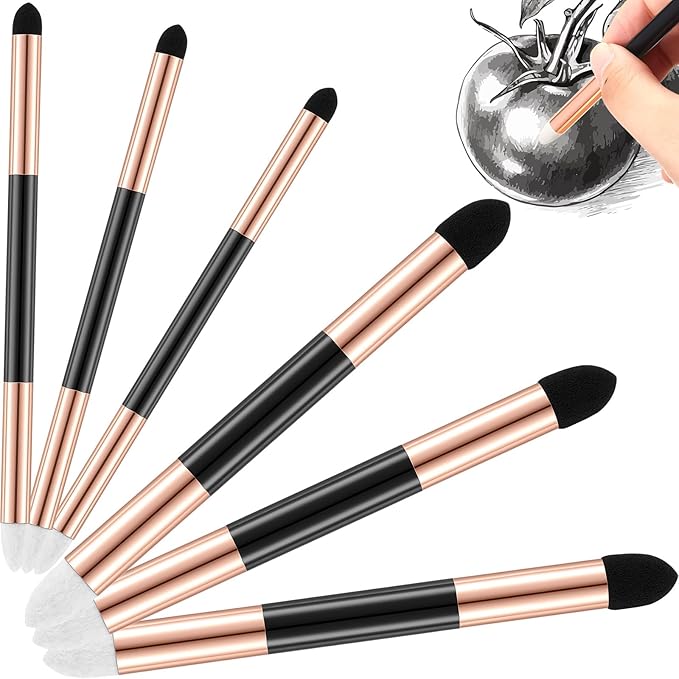 Kosiz 6 Pcs Blending Sponge Pen Double Headed Rub and Buff Washable Sketch Rubbing Sponge Brush Wipe Reusable Blending Stump Drawing Art Blenders for Artist Highlight Shadow Detail Tool (Gold)