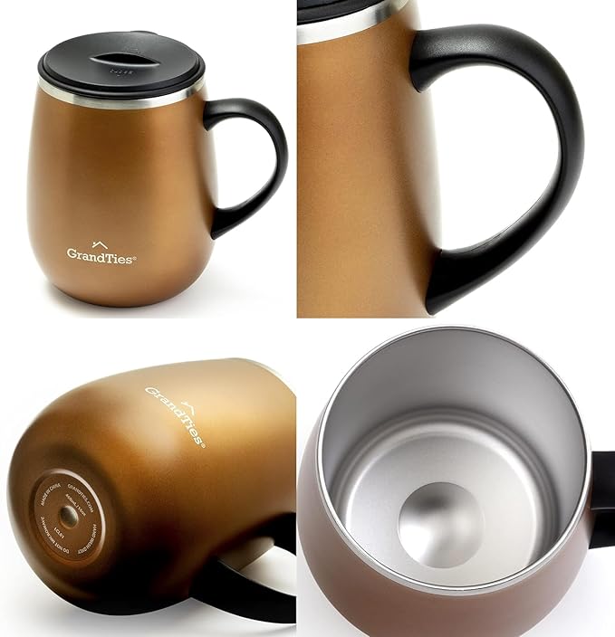 GRANDTIES Insulated Coffee Mug with Handle–Sliding Lid for Splash-Proof 16oz Wine-Glass Shape Thermal Tumbler with Double Walled Vacuum Stainless Steel to Keeps Beverages Hot or Cold-Cognac Metallic