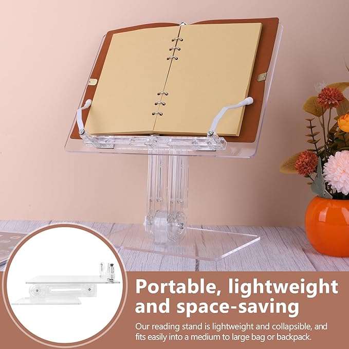 Acrylic Book Stand for Reading, Adjustable Foldable Book Holder with 180° Rotating Base & Page Clips, Portable Transparent Tablet Holder for Cookbook, Laptop, Tablet, Music Scores, Recipe, Textbook