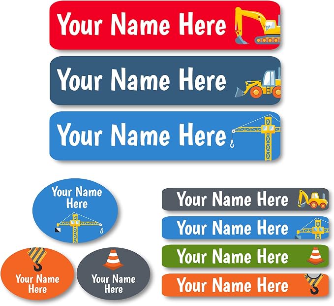 Lovable Labels Personalized Labels for Kids (85 Labels/Pack) - 3 Label Sizes Waterproof Dishwasher Safe Peel & Stick Labels for School Supplies Daycare Camp Clothing Bottles (Construction Play)