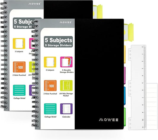 5 Subject Notebook, 2 Pack College Ruled Notebook with Storage Divider Pockets, Index Tabs, 11" Ruler, 100 Sheets of 200 Pages, for Writing Journal, School, Business, Office Supplies, A4, (2pcs