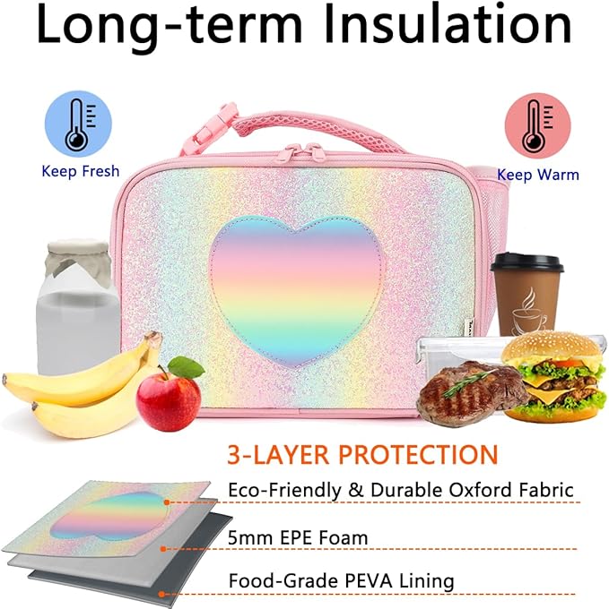 GYEUKHAM Insulated Lunch Box for School, Thermal Reusable Durable Freezable Lunch Bags for Kids Boys Girls Men Women - Small Soft Cooler Portable Lunch Tote Kit for Work Picnic Travel,Rainbow Glitter