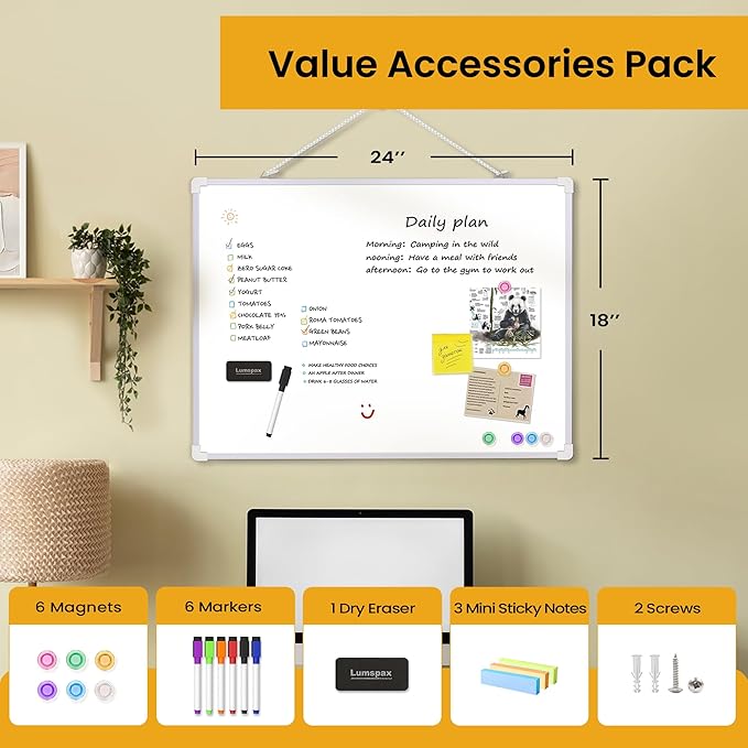 Dry Erase Board for Wall, 24" x 18" Double-Sided Hanging Magnetic Whiteboard with 6 Markers, 6 Magnets and 3 Mini Sticky Notes, Large White Board for Kids, School, Home, Office