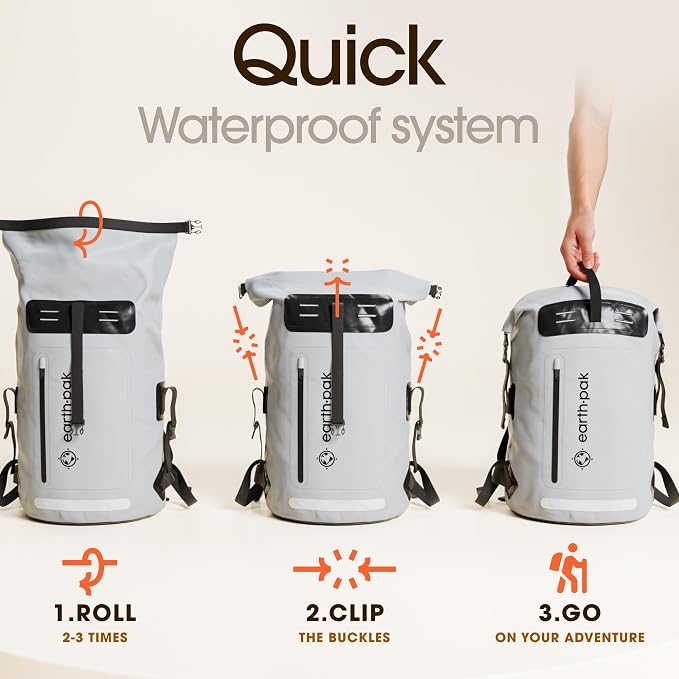 Waterproof Dry Bag Backpack 35L - Kayaking Boating Fishing Rafting Marine | Gray 35L dry bag: 500D PVC, abrasion resistant build, IPX8 phone case for river and lake trips