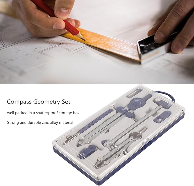 Math Geometry Kit, Metal Compass Tool Zinc Alloy Compass and Ruler Geometry Set Drawing Compass Drafting Compass with Shatterproof Storage Box for Office School Art Drawing