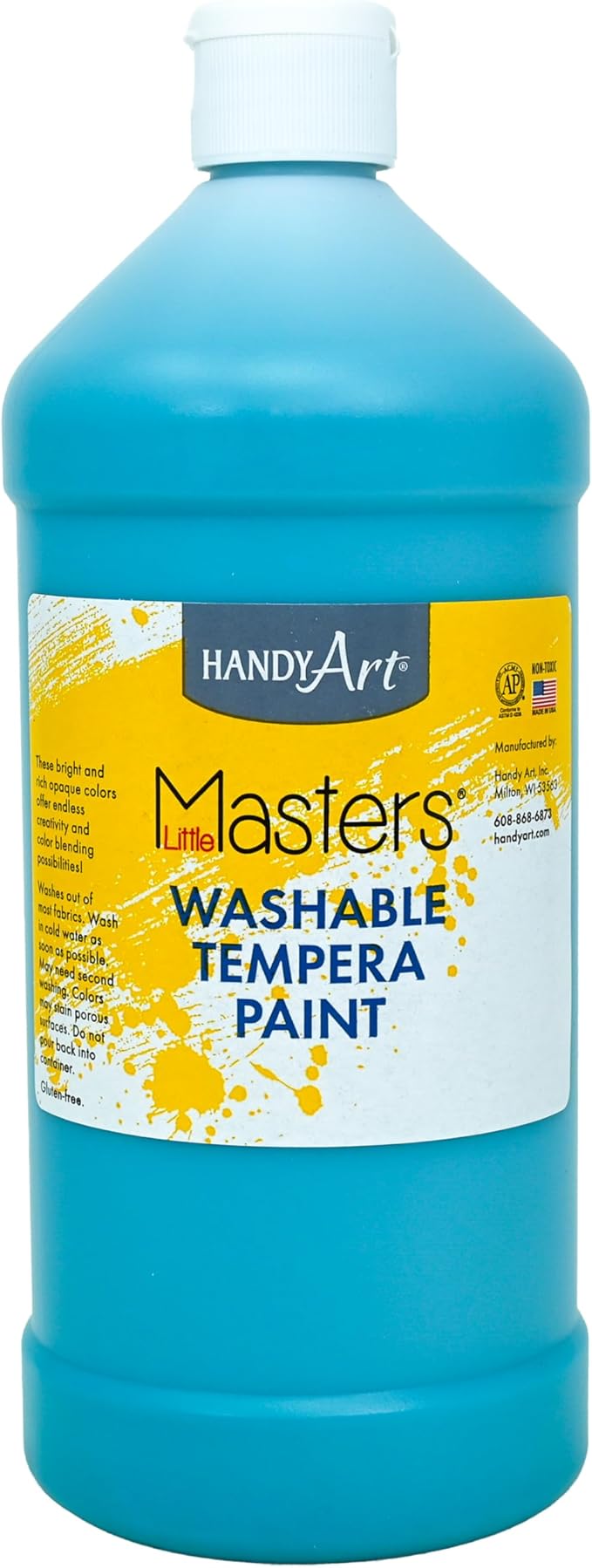 Handy Art Little Masters Washable Tempera Paint, Turquoise, 32 oz Bottle, Bright & Mixable, High Opacity, Washable Colors for Classroom, Students, Kids, Young Artists, Safe & Non-Toxic, Made in USA