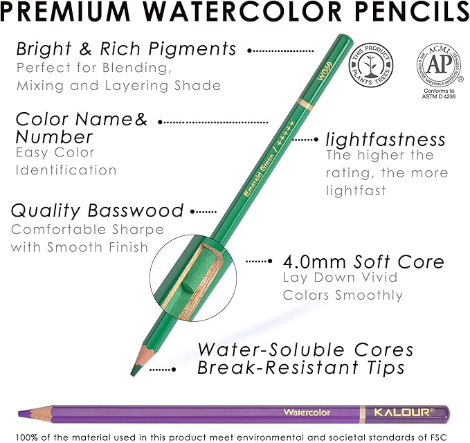 KALOUR Professional Watercolor Pencils, Set of 72 Colors,Numbered and Lightfastness,Water-soluble Colored Pencils for Adult Coloring Book,Water Color Pencils for Artists Beginner Kids