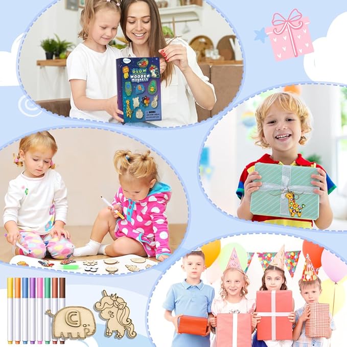 EAPHANT Kids Crafts, 15 PCS Kids Activities Arts and Crafts Painting Kits, Glow in The Dark Wooden Magnets to Paint