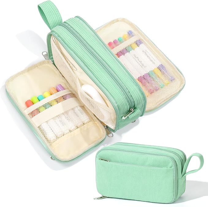 BuyCard Big Capacity Pencil Case, Corduroy Fabric, White with Mint Green Floral Pattern, Pencil Bag with Zipper Closure, Graduation Gift Office Stationery Storage Pen Pouch