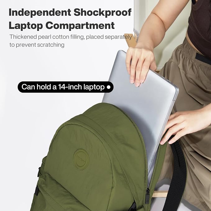 mixi 15Inch Casual Travel Daypack Lightweight Laptop Backpack, Jungle Green | Ultra Light Backpack, Fits 14in Laptop, Water/Oil/Stain Resistant, Anti-Theft Pocket&Luggage Strap for College Work Hiking