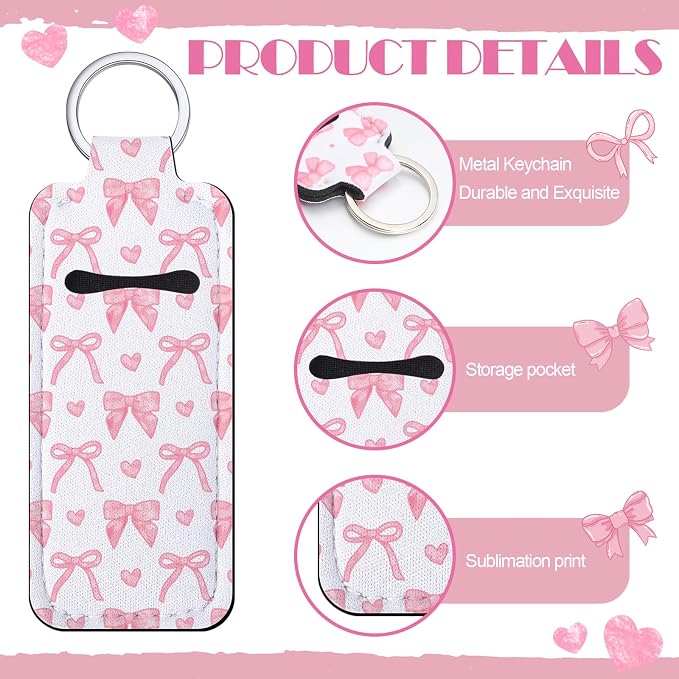 12 Pcs Pink Bow Lipstick Holder Keychain Bulk Cute Pocket Lip Balm Holder Keychain Backpack Purse Accessories for Women Lip Gloss Sleeve Pouch, 6 Style