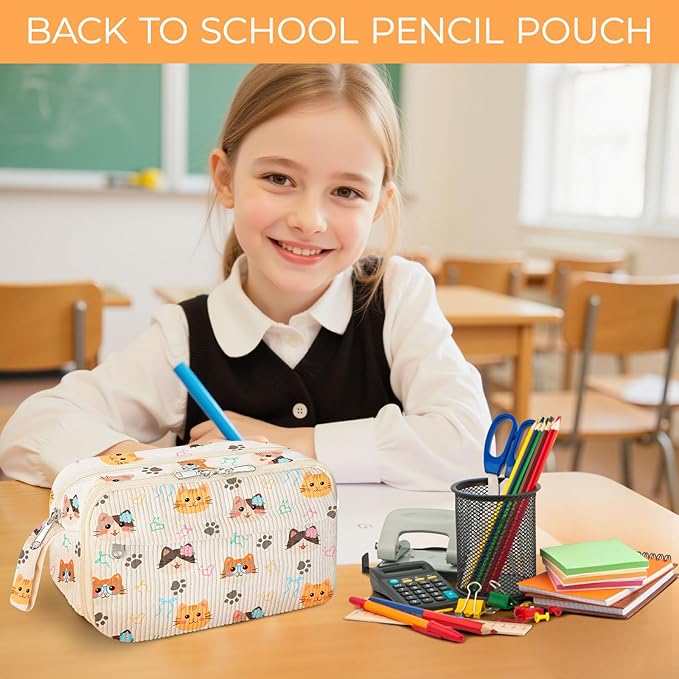 WOBAGMEN Cute Pencil Case,Large Corduroy Zippered Pencil Case Pouch, aesthetic Pencil Bag with Compartments, Pencil Pouch School Supplies (HY-corduroy pc-cat)