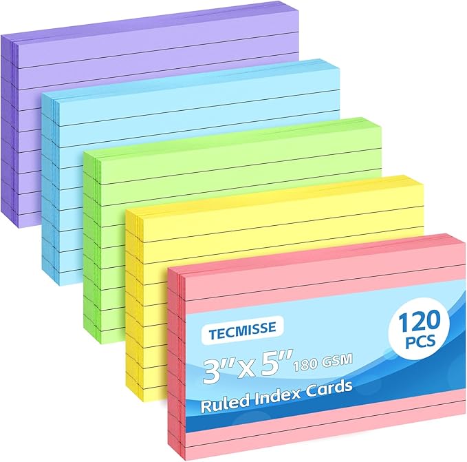 Tecmisse 3x5 Index Cards Colored, 120 PCS Ruled NoteC ards, Lined Flashcards, Colorful Flash Cards for Studying, Heavy Notecards for Office and School