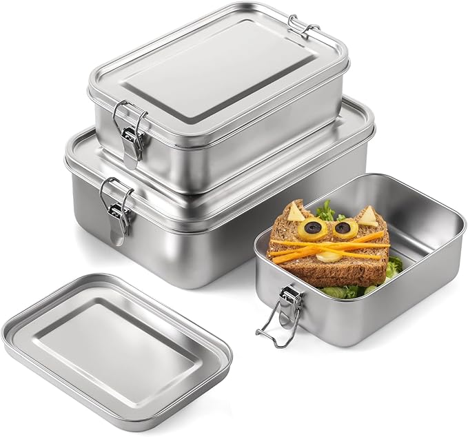 3 PCS Bento Boxes, Stainless Steel Lunch Boxes, Food Storage Containers, Lockable Clips to Leak Proof, Reusable Dishwasher Safe Lunch Snack Boxes(850 ml, 1400 ml, 2400 ml)