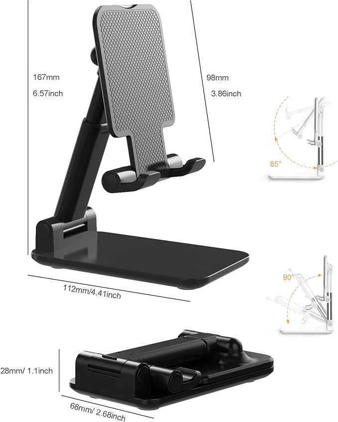 Phone Holder for Desk, MT-6 Cell Phone Stand for Desk Universal Cellphone Stand Holder Foldable & Height Adjustable Compatible Under 8” Device, with Silicone Mat, Black