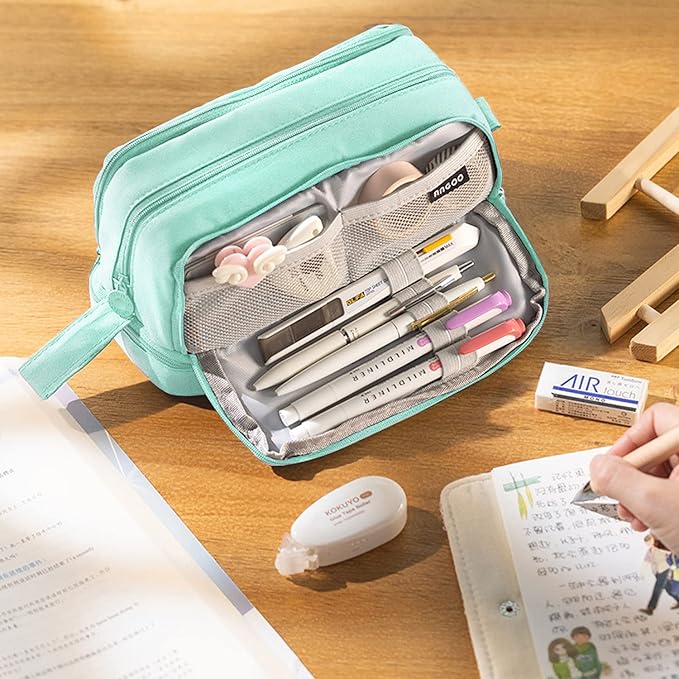 Large Capacity Pencil Case 4 Compartments, Pencil Pouch Bag with Zipper Portable Handle, Pen Case Bag Stationery Organizer for Office College School Adults Teen Girls Boys Men Women, Light Green