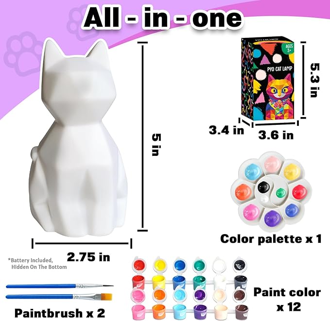 FUNZBO Paint Your Own Cat Lamp Kit - Arts and Crafts Supplies Kitten Painting for Kids Teens, DIY Night Light Toy for Girls Boys Age 3 4 5 6 7 8 9 10 11 12 13 Birthday Gifts