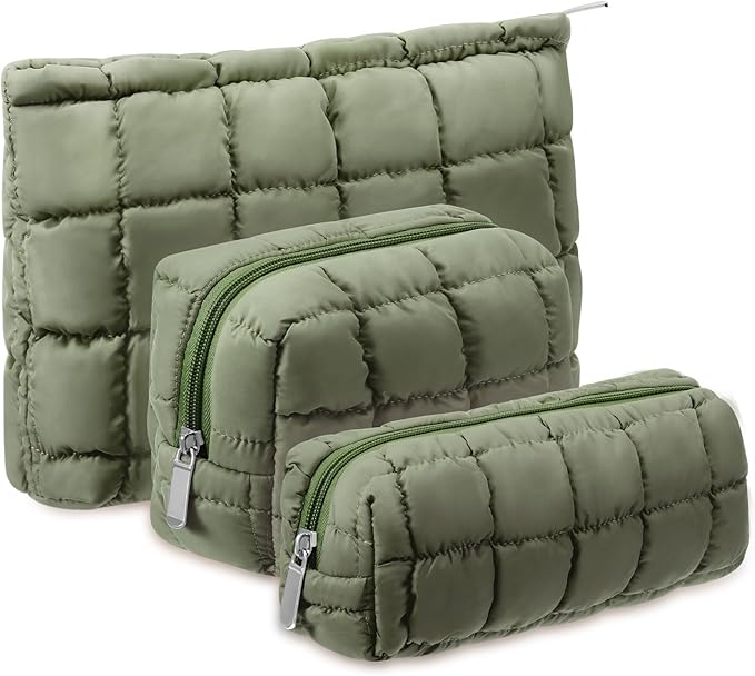 Huhumy 3 Pcs Puffy Makeup Bag Quilted Cosmetic Pouch for Women Cute Checkered Travel Toiletry Bag Puffer Makeup Organizer Purse Pouch Preppy Pencil Case with Zipper(Green)