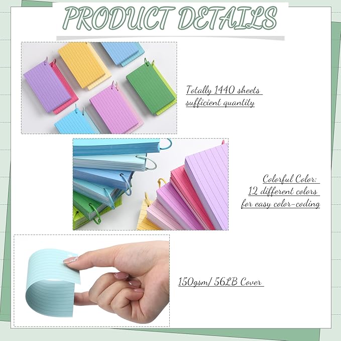Ctosree 1440 Pcs Back to School Gifts Colored Index Cards with Binder Ring Ruled Flash Cards 12 Color Lined Note 56lb Cover for Studying Memory Office School(3 x 5 Inch,Fresh Color)