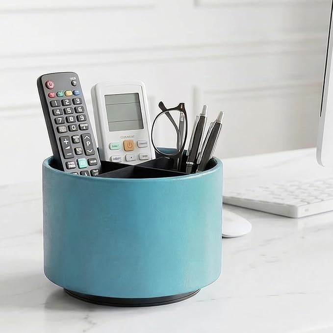 Round Leather Art Supply Organizer,Remote Control Holder,360 Degree Spinning,Multi-Functional Pencil Holder,4 Compartments Desktop Stationary Organizer(1-Sheep Blue)