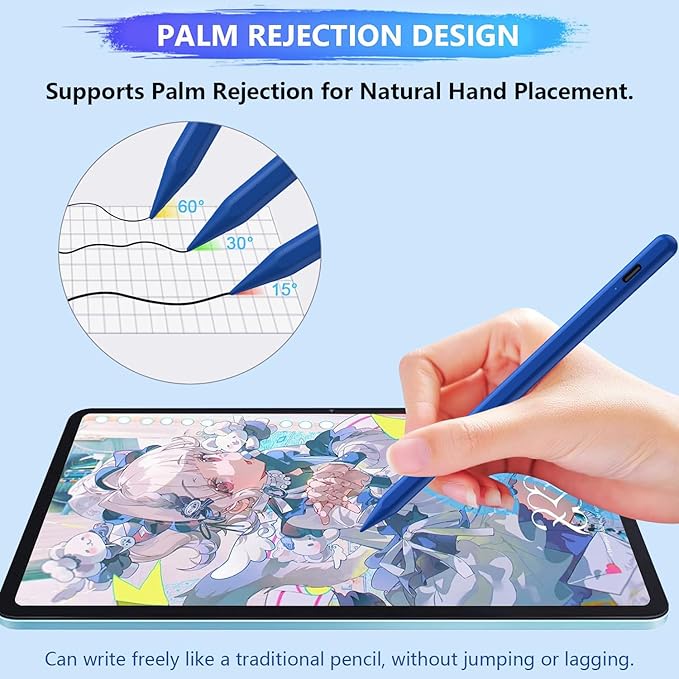 Stylus Pen for iPad A16/10th/9th Generation, 10Mins Fast Charge for Apple Pencil&iPad Pen, Compatible with iPad A16/10th/9th/8th/7th/6/Pro 13'' 11'' M4/12.9 inch/Air 11'' 13'' M3/M2/Mini 7/6/5, Blue