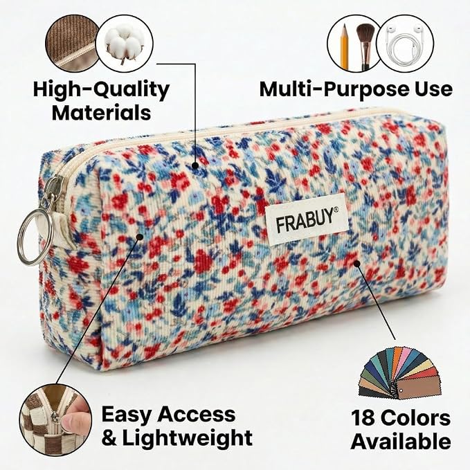 Soft Corduroy Pencil Case Pen Pouch Organizer, Small Stationery Bag | Cute beige small floral pencil pouch, smooth zipper, daily cosmetics holder, compact organizer for school teen girls, women