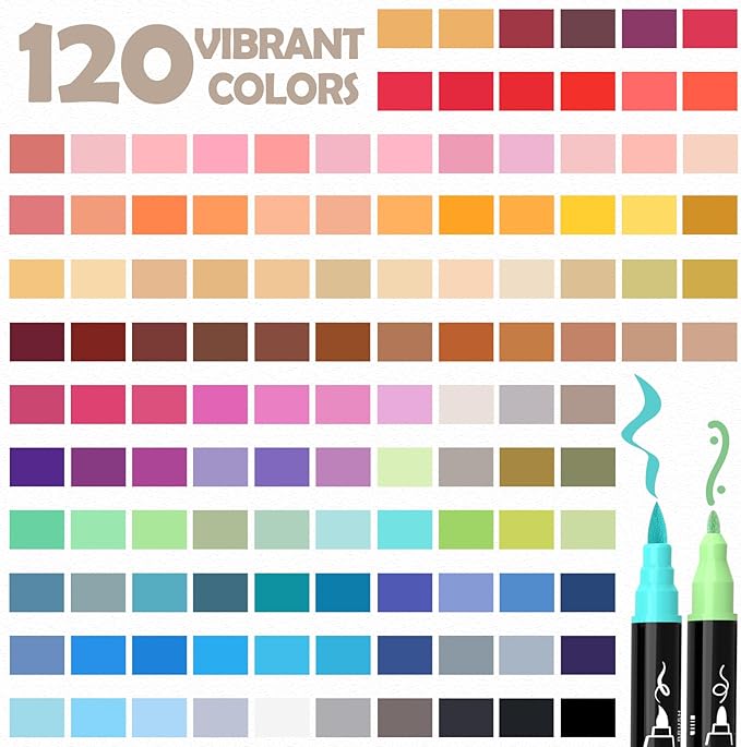 TOSHARE 120 Colors Acrylic Paint Markers, Brush & Fine Dual Tip Acrylic Paint Pens for Rock, Wood, Paper, Fabric, Canvas, Glass, Ceramic, Egg, Scrapbook and DIY Crafts Supplies Art Gifts