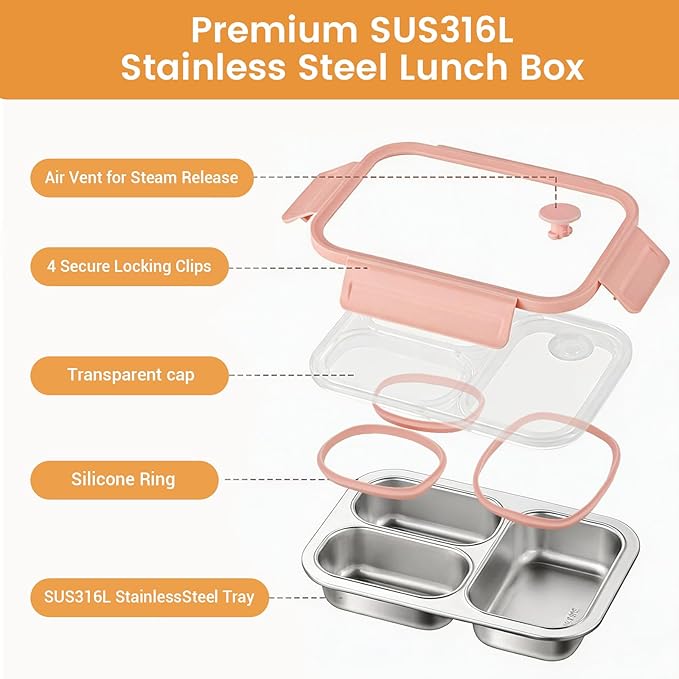 Premium 25oz SUS316L Stainless Steel Lunch Box Bento Box - Reusable Metal Snack Containers with Lids for Kids & Adults - Daycare/School/Work/Travel - Superior Corrosion-resistant (Pink)