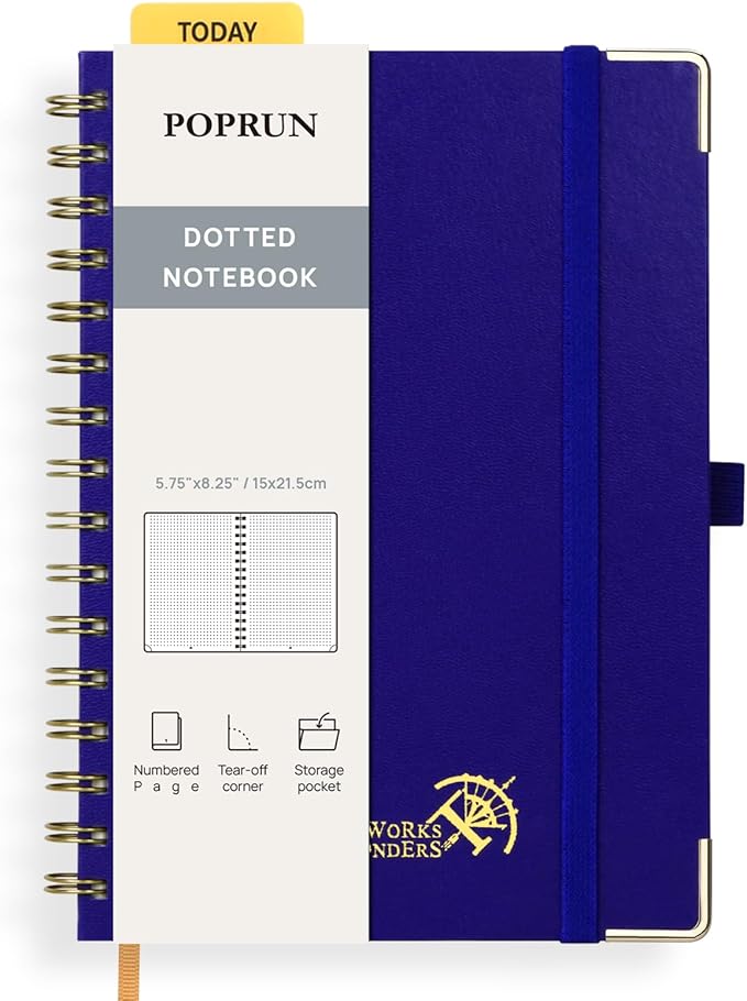 POPRUN Dotted Journal Spiral Notebook, A5 Hardcover Bullet Journals for Women Men, 120 GSM Thick Paper, 141 Pages Dot Grid Notebooks for Journaling, Drawing, Writing, 5.75'' x 8.25'', Royal Blue