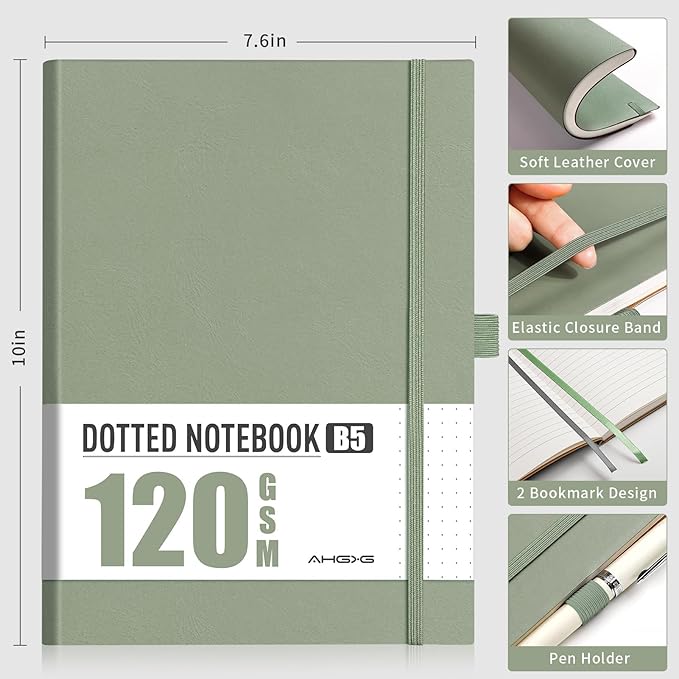 AHGXG Dotted Journal - Dot Grid Notebook Journal, 120 GSM Thick Acid-Free Paper, Large B5 Dotted Notebook 96 Pages, Leather Softcover, Inner Pocket, Journal Stencil, 7.6'' X 10'', Sage Green