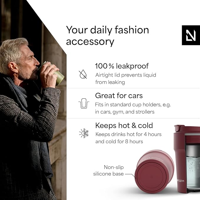 LARS NYSØM Thermo Coffee Mug to go 13oz | Travel Mug 0.38 Liter with Insulation | Silicone grip base | Leak Proof Stainless Steel Tumbler for Coffee and Tea on the Go (Powder Berry Red, 13oz)