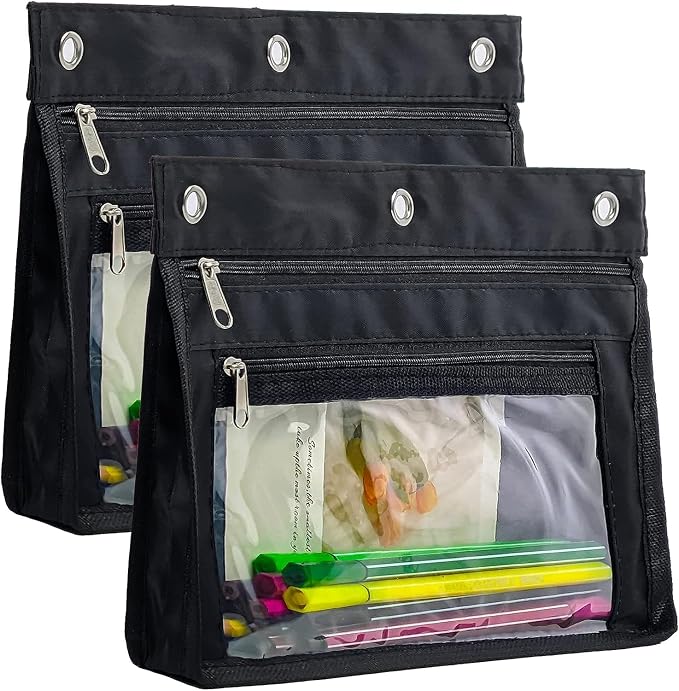 YoeeJob 2 Pack Expandable Pencil Pouches for 3 Ring Binders, Black | 1-inch expansion, 2 clear PVC pockets, 3 holes, large-capacity storage for school and office supplies.